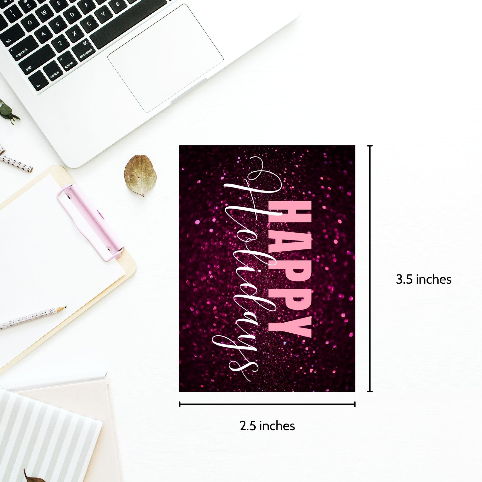 Printable pink and magenta Holiday gift tags featuring a glittery magenta background with light pink "Happy Holidays" text, sized 2.5 x 3.5 inches, 8 tags per sheet.