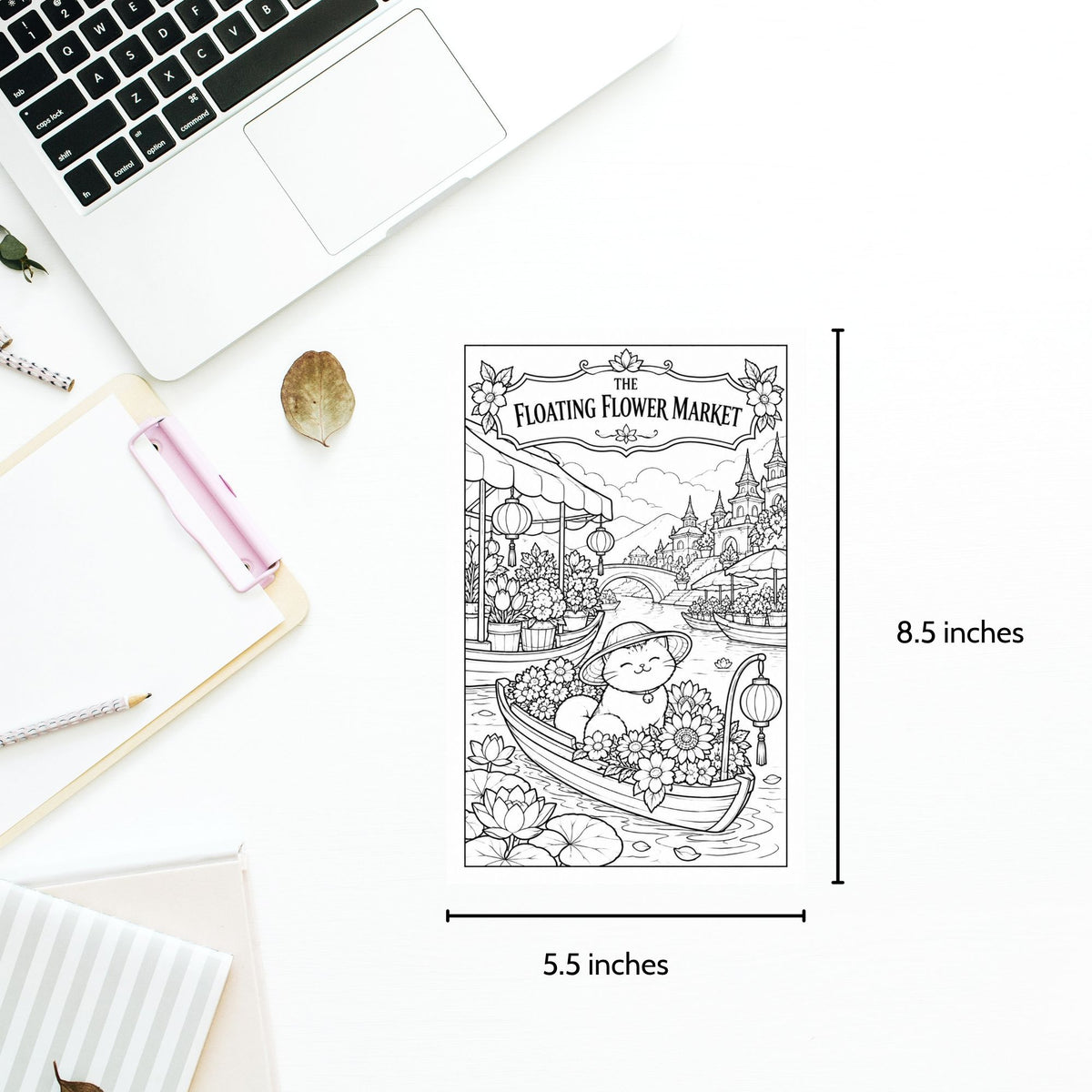 A black-and-white line-art print titled "The Floating Flower Market" shown on a white desk flat lay with dimension labels reading 8.5 inches tall and 5.