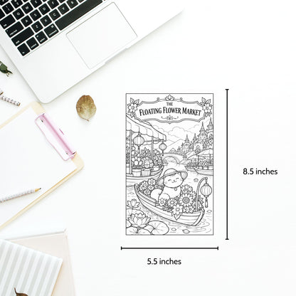 A black-and-white line-art print titled "The Floating Flower Market" shown on a white desk flat lay with dimension labels reading 8.5 inches tall and 5.