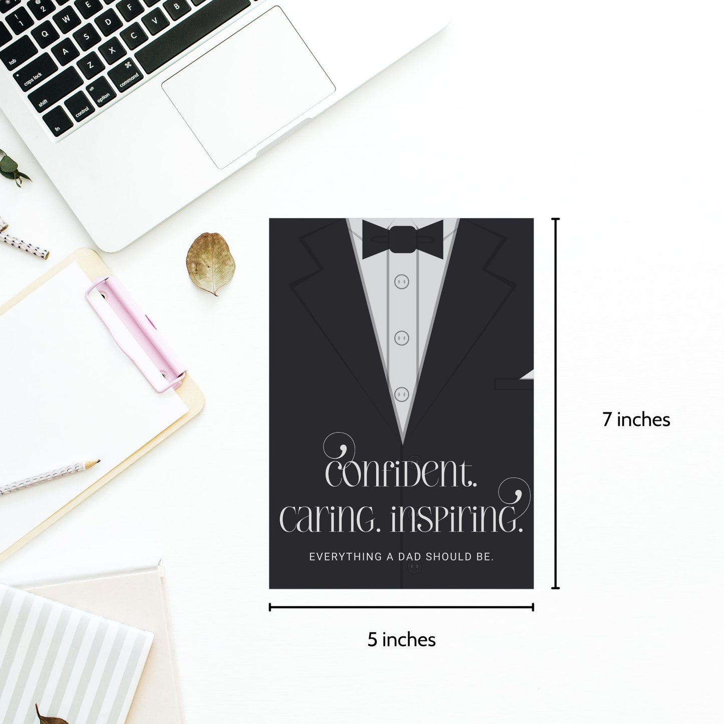 Father's Day card printable with bold text 'Confident. Caring. Inspiring.' featuring a minimalist design of a suit and tie in grayscale tones.