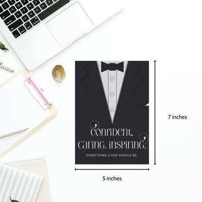 Father's Day card printable with bold text 'Confident. Caring. Inspiring.' featuring a minimalist design of a suit and tie in grayscale tones.