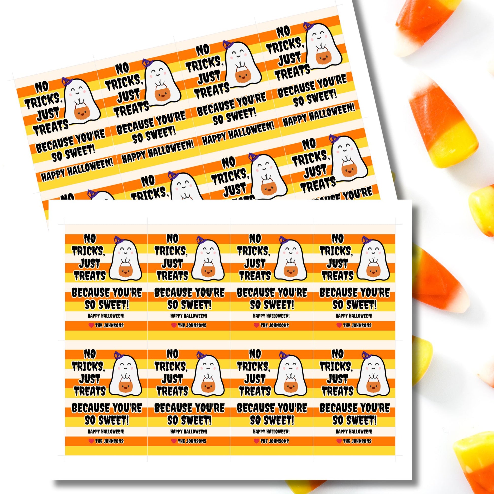 Halloween-themed printable gift tags featuring a cute ghost holding a pumpkin with the message "No Tricks, Just Treats Because You're So Sweet!" Tags are 2.5 x 3.5 inches, laid out 8 per sheet on a standard 8.5 x 11-inch page. Includes a printable PDF and a PDF with a link to an editable Canva template.