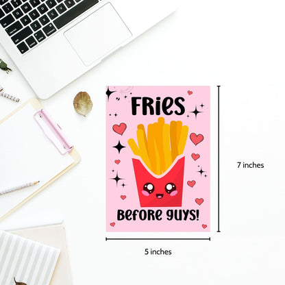 A stylish printable Galentine’s Day greeting card with a fun "Fries Before Guys" message, perfect for best friends, featuring a 5x7-inch design for instant download and printing.