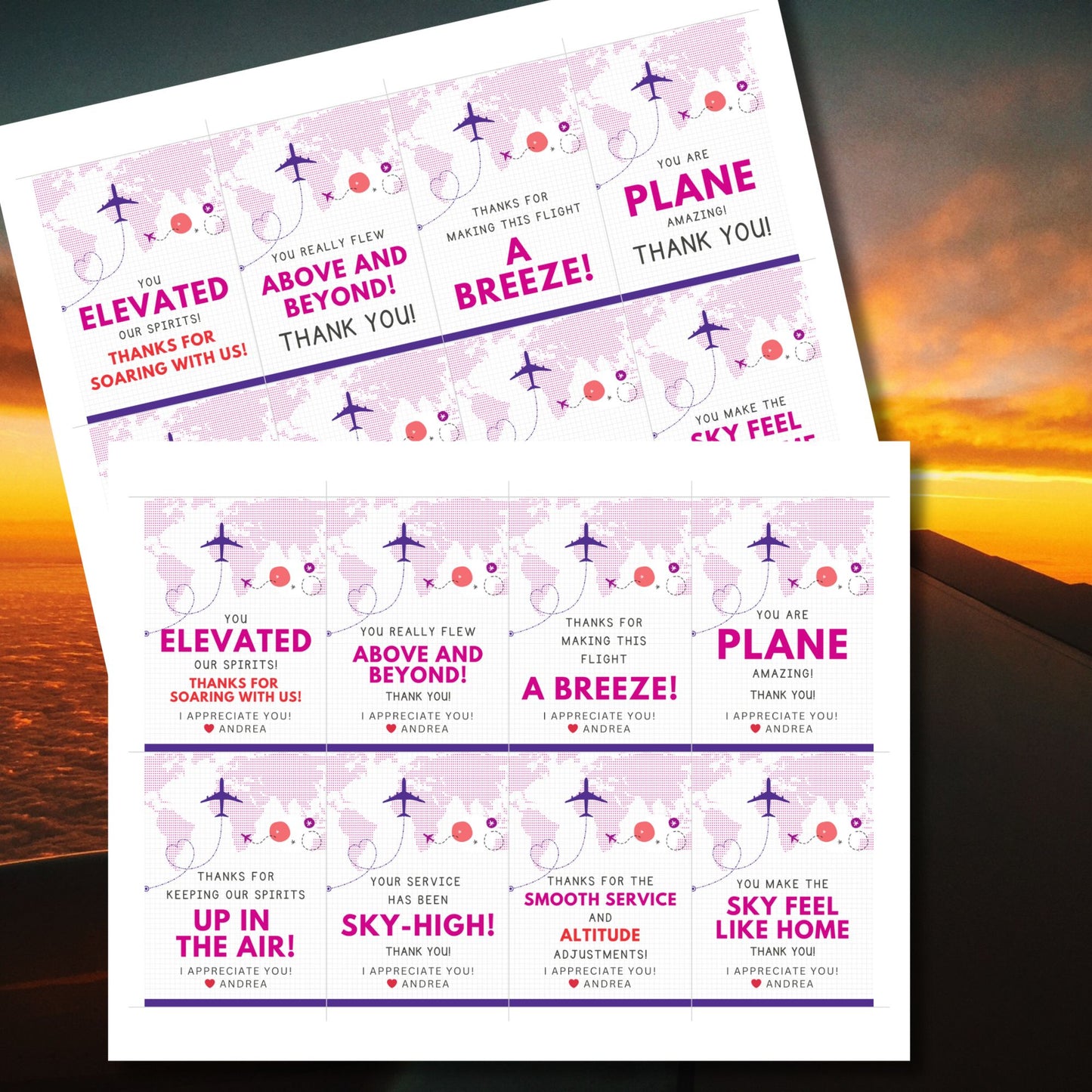 Printable tropical aviation thank you gift tags with airplane illustration and island-inspired colors, designed for flight crew appreciation gifts.