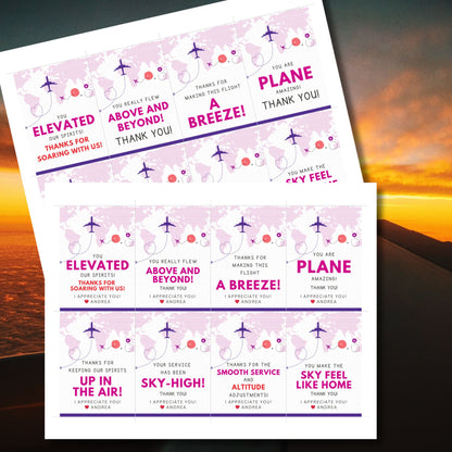 Printable tropical aviation thank you gift tags with airplane illustration and island-inspired colors, designed for flight crew appreciation gifts.