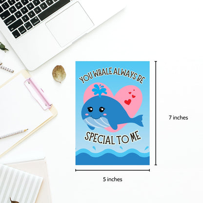 Printable Valentine’s Day Greeting Card featuring the phrase “You Whale Always Be Special to Me.” Designed as a 5x7 PDF on an 8.5 x 11 sheet with two cards per page. A cute and heartfelt Valentine’s card for whale lovers and friends.