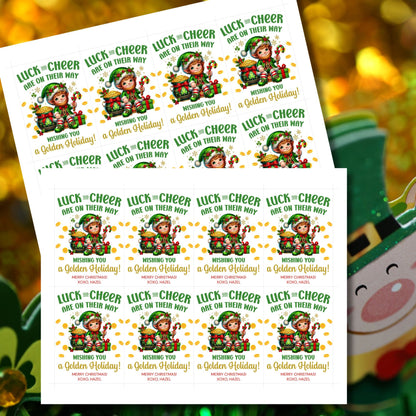 Festive leprechaun-themed holiday gift tags featuring a cheerful elf in a green outfit, surrounded by golden coins, presents, and candy canes. The tag reads 'Luck and Cheer are on Their Way - Wishing You a Golden Holiday!'