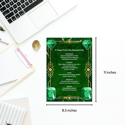 Editable Emerald City-inspired menu template featuring luxurious dishes like Ruby Slipper Salmon and Flying Monkey Martini, perfect for a Wicked-themed party or elegant event.