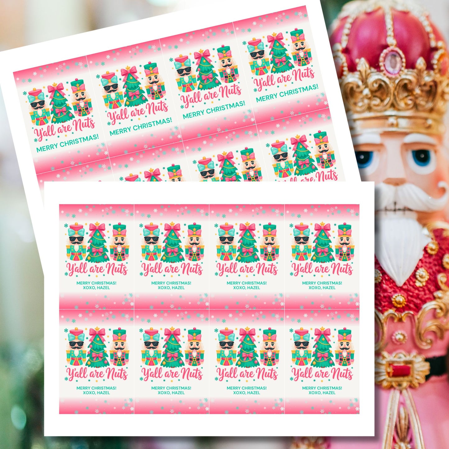 Printable and editable Christmas gift tags with the phrase “Y’all Are Nuts,” sized 2.5 x 3.5 inches, laid out 8 per sheet on 8.5 x 11. Perfect for holiday treat bags and nut-themed gifts.