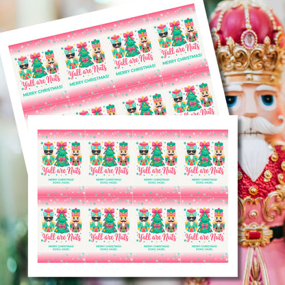 Printable and editable Christmas gift tags with the phrase “Y’all Are Nuts,” sized 2.5 x 3.5 inches, laid out 8 per sheet on 8.5 x 11. Perfect for holiday treat bags and nut-themed gifts.