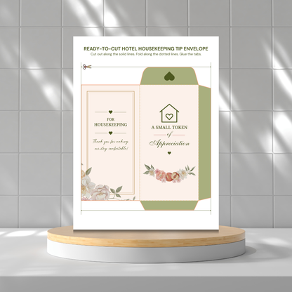 A printed housekeeping tip envelope template card displayed upright on a round pedestal against a tiled wall. The card shows a fold-out envelope design with floral accents and text including 'FOR HOUSEKEEPING' and 'A SMALL TOKEN of Appreciation'.