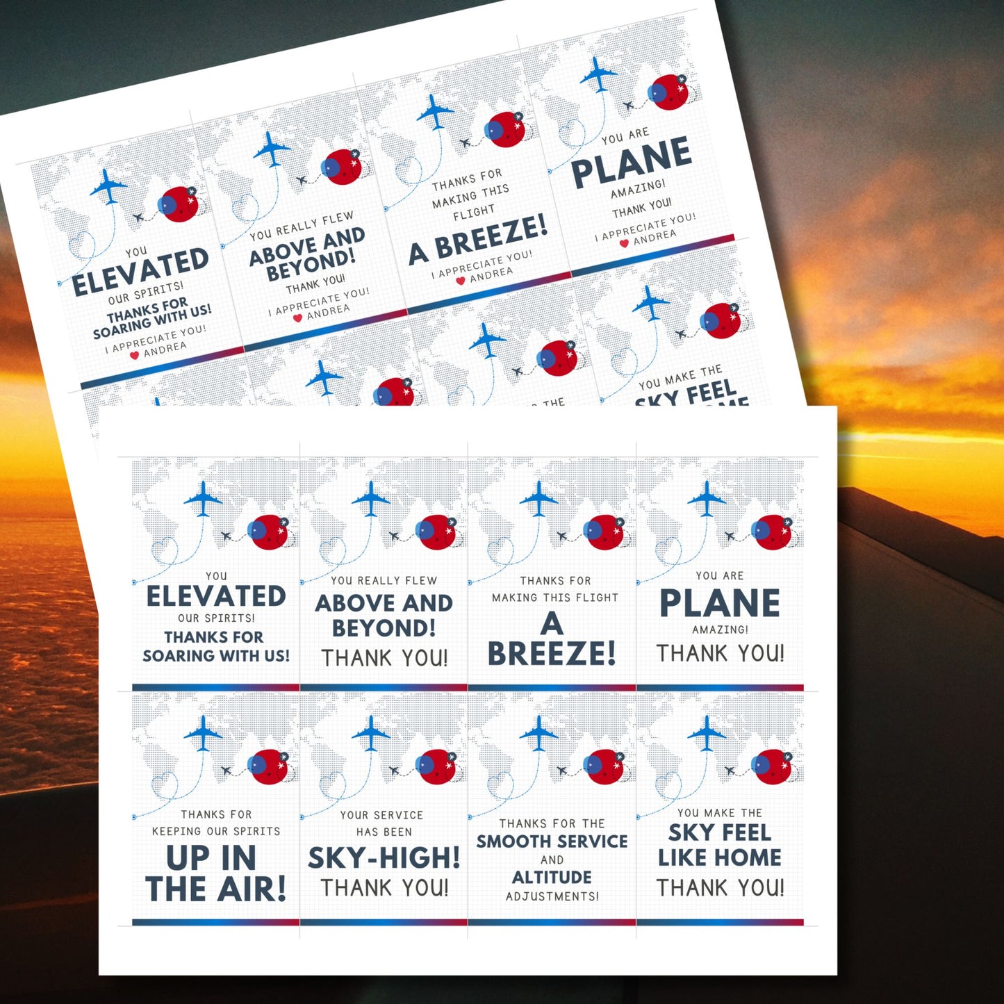 Printable aviation thank you gift tags in red, white, and blue colors with airplane design, ideal for flight crew appreciation gifts.