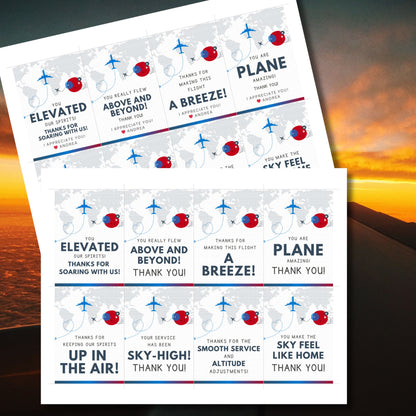 Printable aviation thank you gift tags in red, white, and blue colors with airplane design, ideal for flight crew appreciation gifts.
