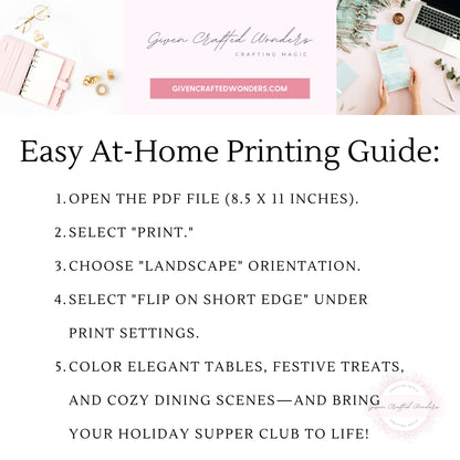 A digital guide cover titled 'Easy At-Home Printing Guide:' with step-by-step printing instructions on a white background. The top banner shows a pink and white crafting-themed layout with a laptop, notebook, and hands holding a phone.