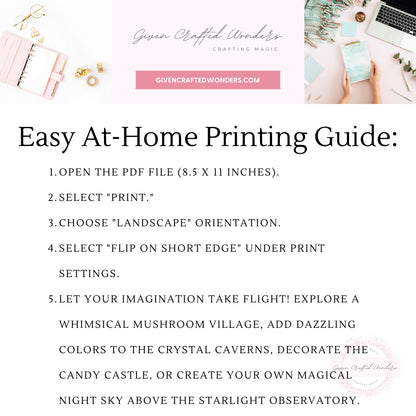 A digital guide titled 'Easy At-Home Printing Guide:' with a pink header banner and a list of five steps on how to open a PDF file, select print settings, and choose landscape or flip-on-short-edge orientation. The top banner includes the text 'Given Crafted Wonders' and a website URL, with small crafting-themed photos on the right side.