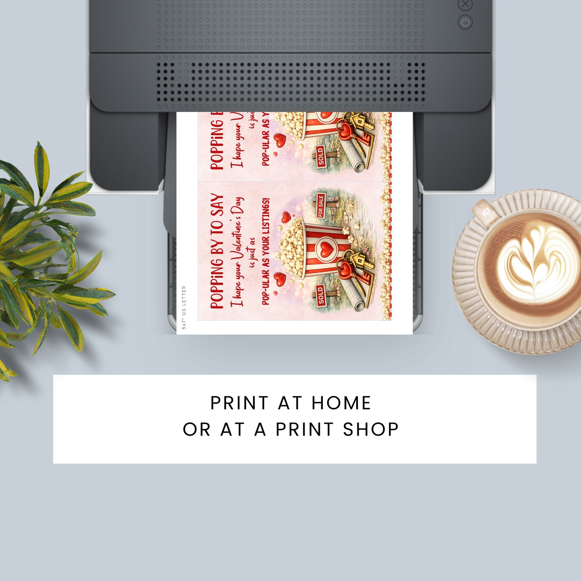 Printable popcorn Valentine’s Day card for realtors featuring a popcorn bucket, real estate signs, keys, and the phrase “Pop-ular as Your Listings,” designed as a client appreciation gift.