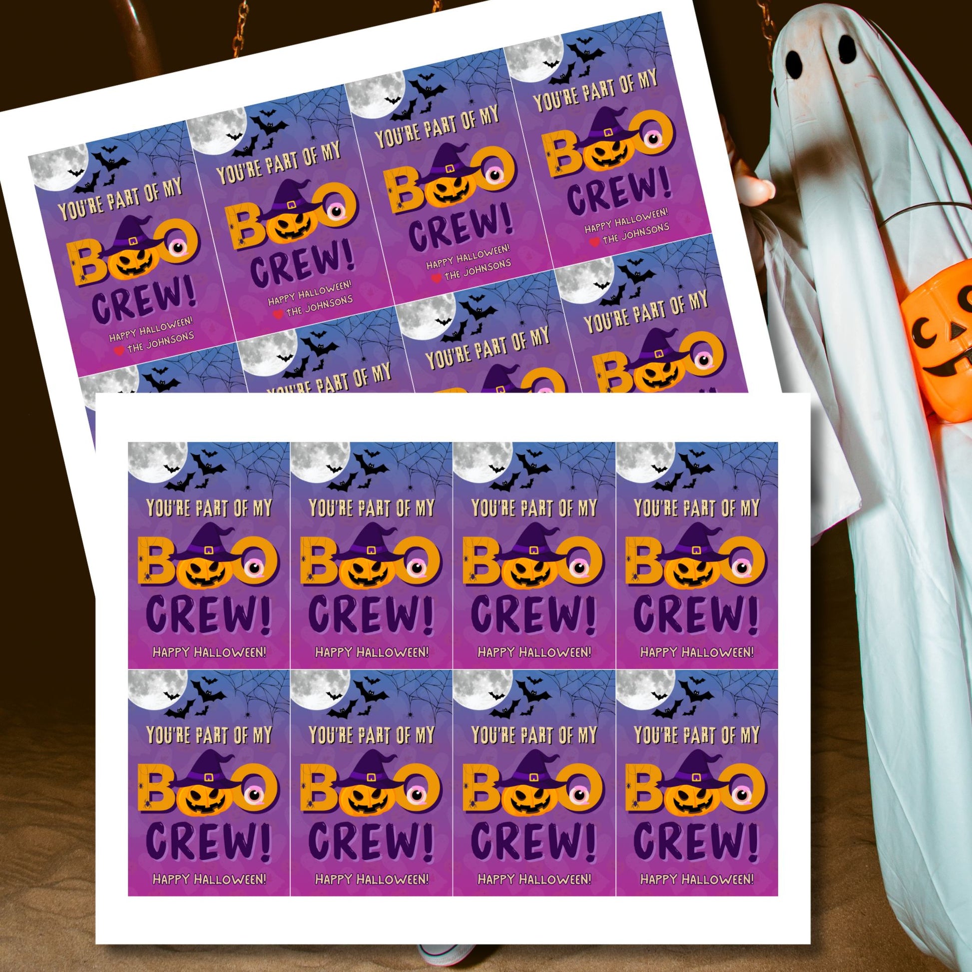 Halloween labels with 'Boo Crew' text on a white background, ghost decoration on the side.