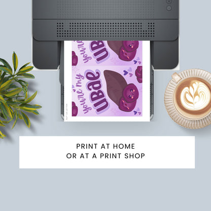 Printable Valentine’s Day card featuring the phrase “You’re My UBAE” with a cute and colorful ube-themed design. Designed as a 5x7 PDF on an 8.5 x 11 sheet with two cards per page. A punny and heartfelt Valentine’s card for ube lovers.