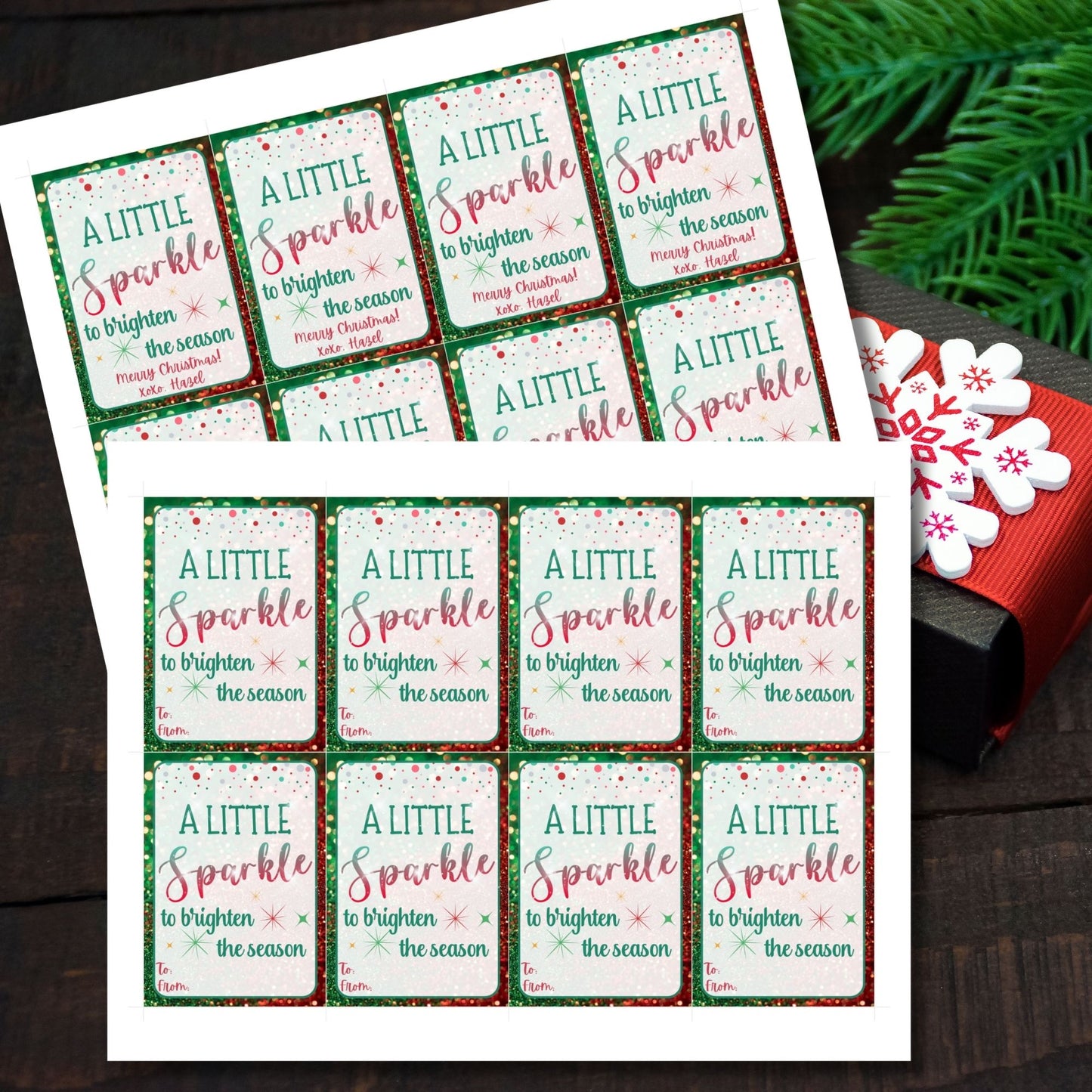 Christmas gift tags featuring the message "A Little Sparkle to Brighten the Season" with festive glitter effects, perfect for jewelry gifts like necklaces, earrings, and rings. These printable and editable tags add an elegant, festive touch to holiday gifts.