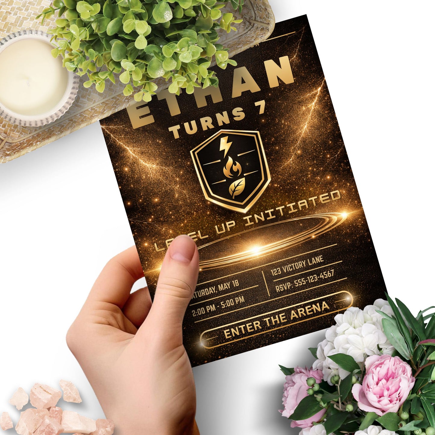 Editable luxury black and gold monster trainer inspired birthday invitation with glowing arena, elite badge, and customizable party details in Canva