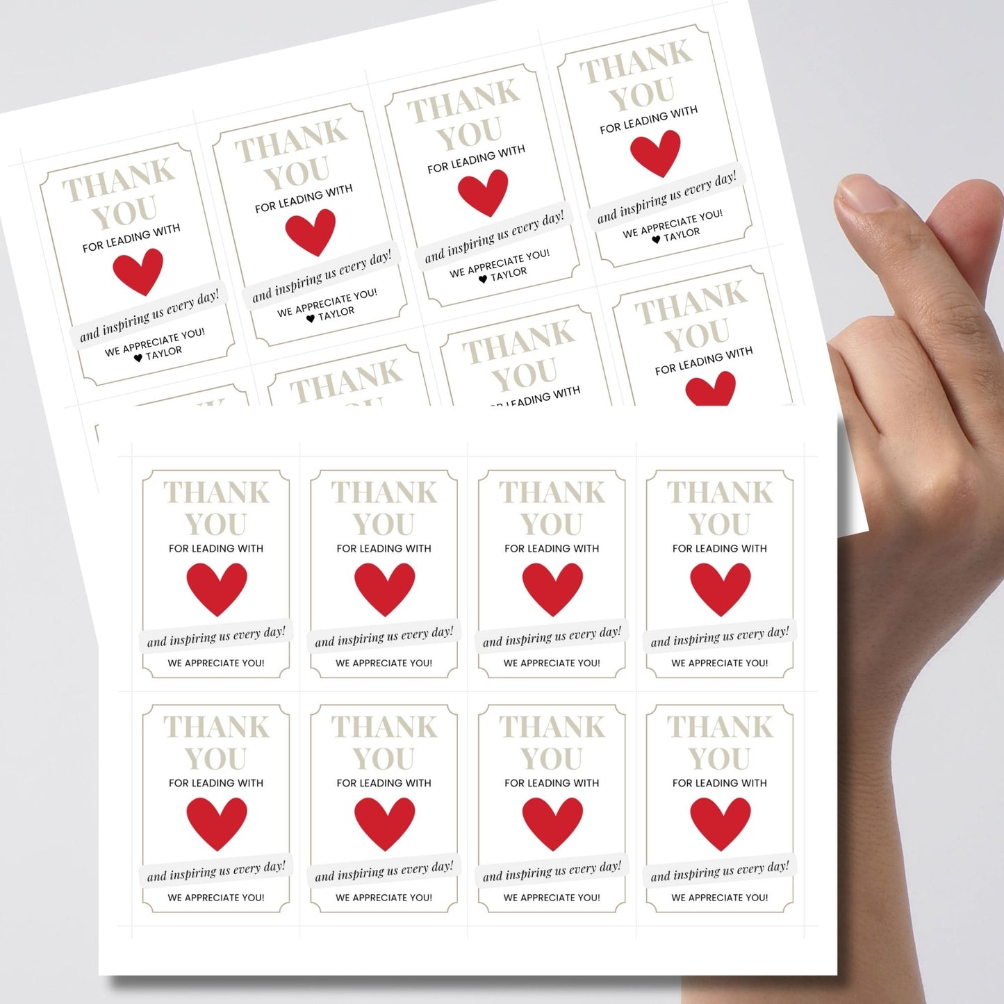 Editable National Boss's Day gift tags featuring a red heart with the message "Thank You for Leading with Heart" and customizable text to show appreciation. Tags are 2.5 x 3.5 inches, 8 per sheet.