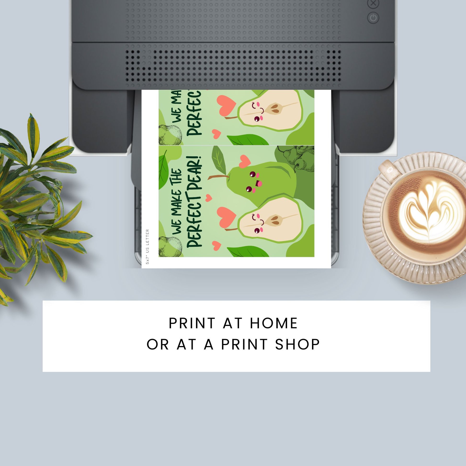 A cute and punny printable Valentine’s Day card featuring two adorable pears with smiling faces, symbolizing the perfect pair in love or friendship.