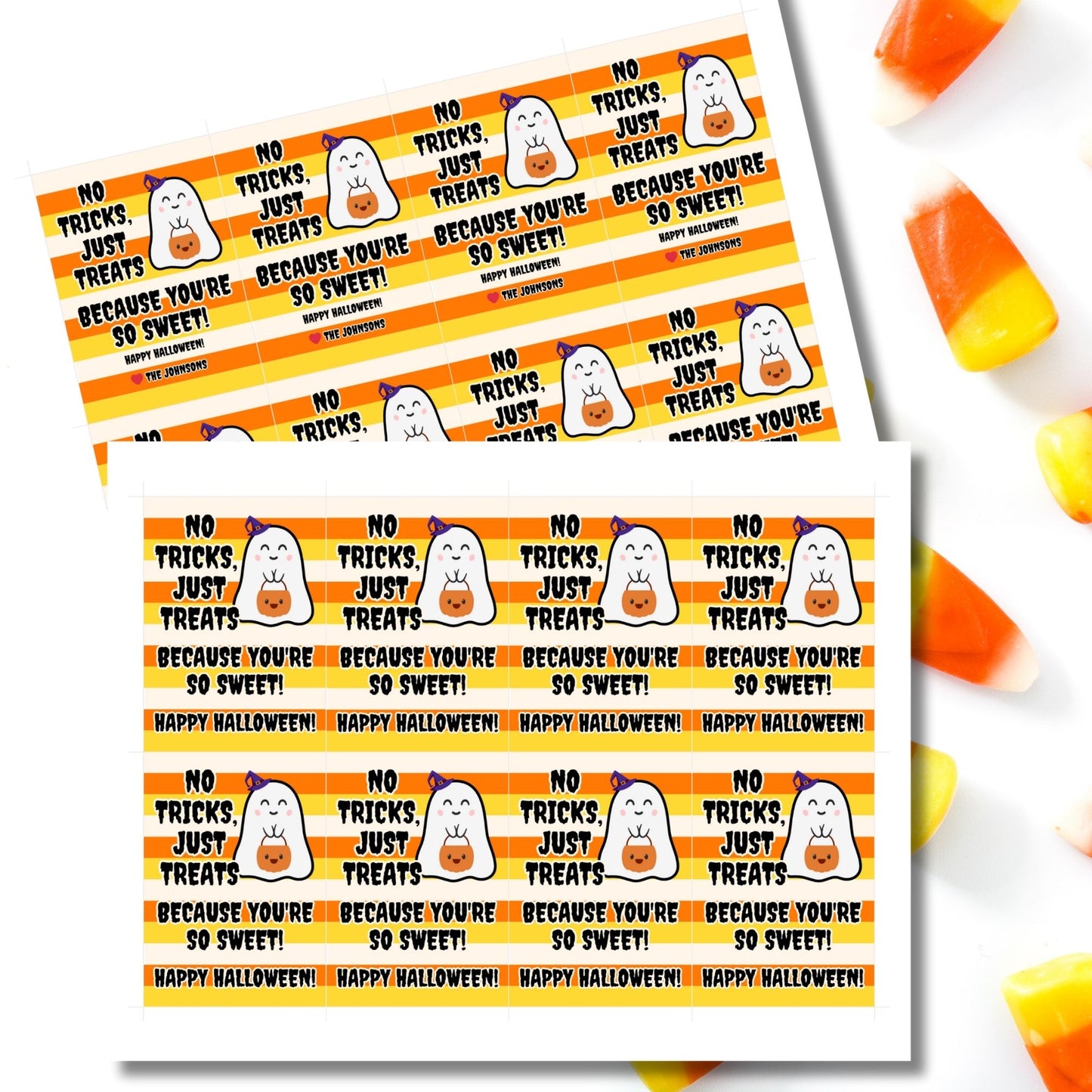 Halloween-themed printable gift tags featuring a cute ghost holding a pumpkin with the message "No Tricks, Just Treats Because You're So Sweet!" Tags are 2.5 x 3.5 inches, laid out 8 per sheet on a standard 8.5 x 11-inch page. Includes a printable PDF and a PDF with a link to an editable Canva template.