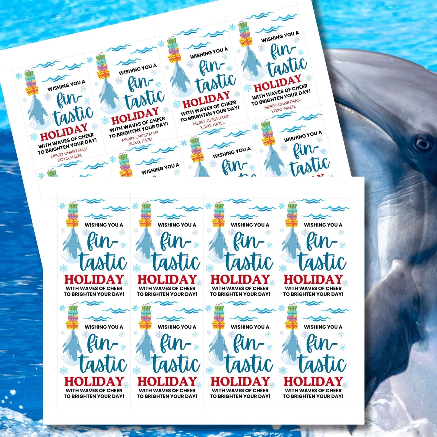 Dolphin-themed holiday gift tags featuring a cheerful dolphin balancing Christmas presents, with the message 'Wishing you a fin-tastic holiday with waves of cheer to brighten your day!' Perfect for adding a fun and ocean-inspired touch to holiday gifts.