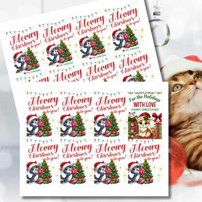 Christmas gift tags featuring a cute kitten in a Santa hat with a festive tree and gifts, paired with the message "Meowy Christmas to you!" These printable and editable tags add a playful, festive touch to holiday gifts for cat lovers.