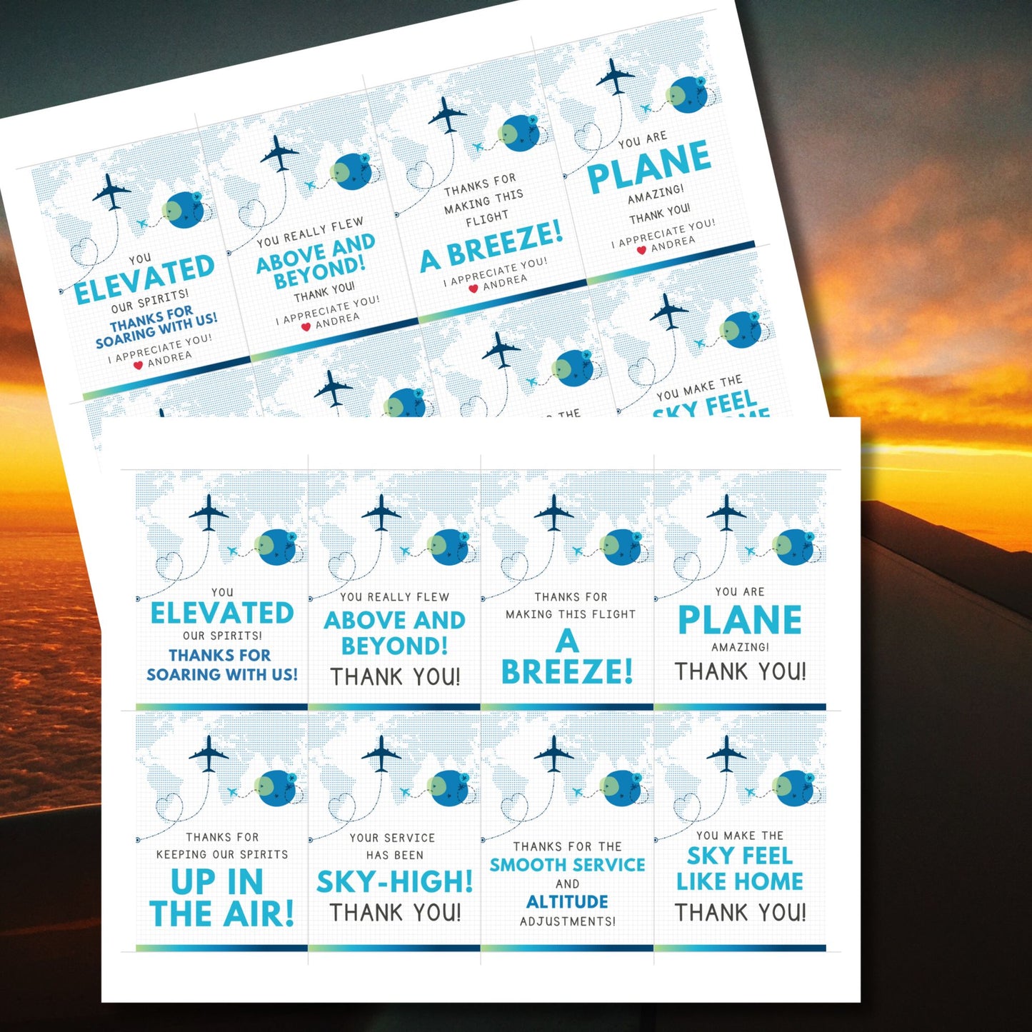 Printable aviation thank you gift tags in cool blue and teal tones with airplane design, created for flight crew appreciation gifts.