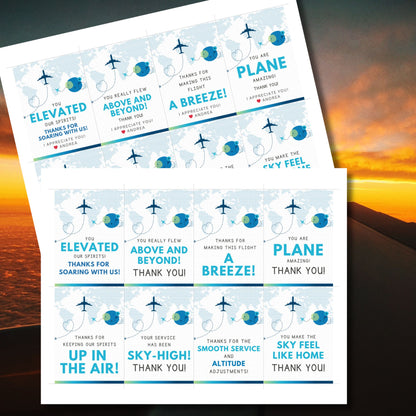Printable aviation thank you gift tags in cool blue and teal tones with airplane design, created for flight crew appreciation gifts.