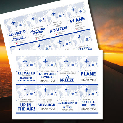 Printable aviation thank you gift tags in classic blue and white with airplane design, ideal for flight crew appreciation gifts.