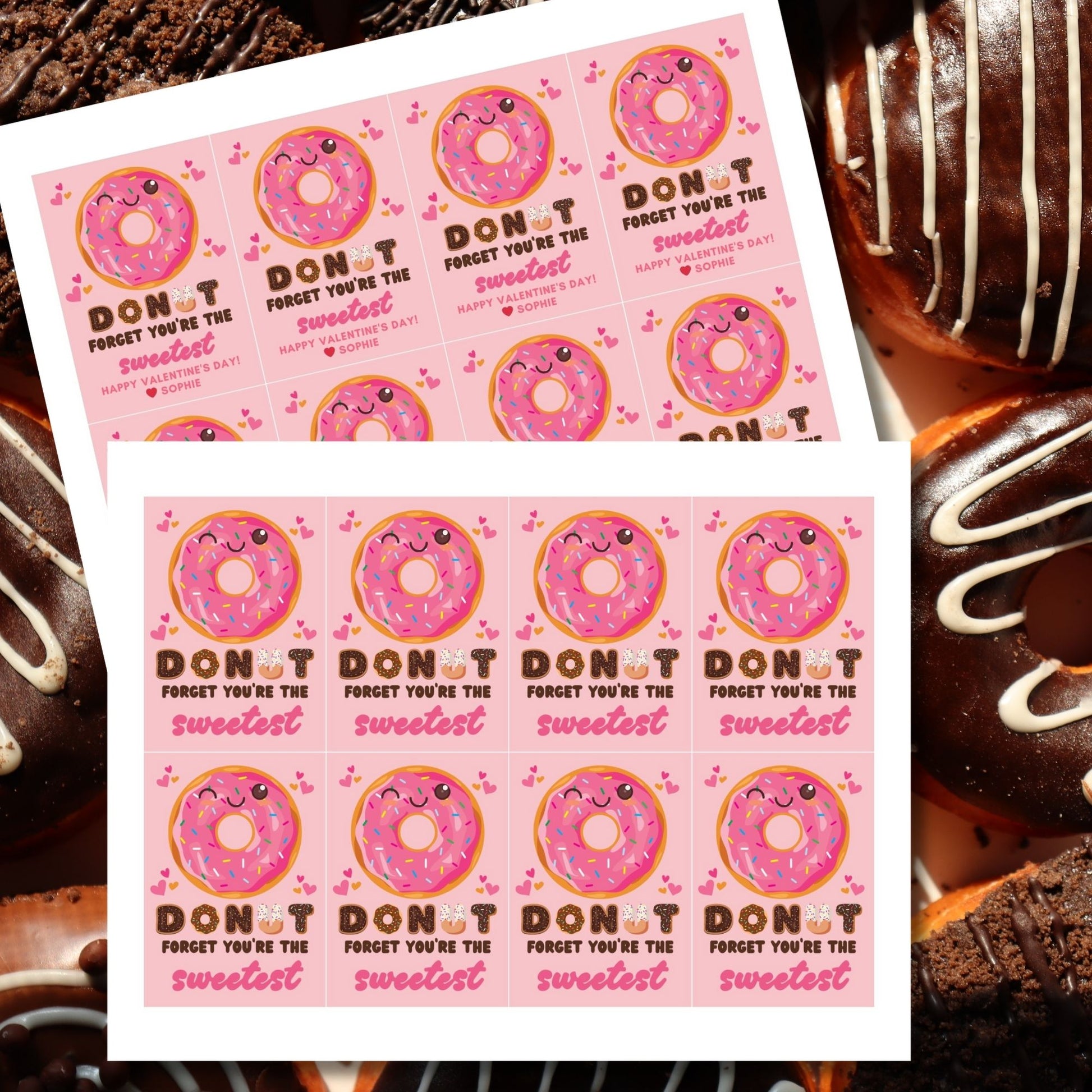 Cute printable and editable donut-themed Valentine’s Day gift tags featuring the message "Donut Forget You’re the Sweetest!" Perfect for pairing with a donut or treat for teachers, employees, students, and coworkers.