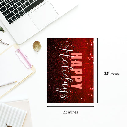 Red-themed ready-to-print Holiday gift tags featuring a glittery red background with elegant "Happy Holidays" text, 2.5 x 3.5 inches, 8 per 8.5 x 11-inch sheet.