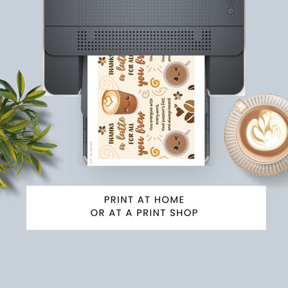 Printable 5x7 coffee-themed teacher card saying “Thanks a Latte for All You Brew” – digital download