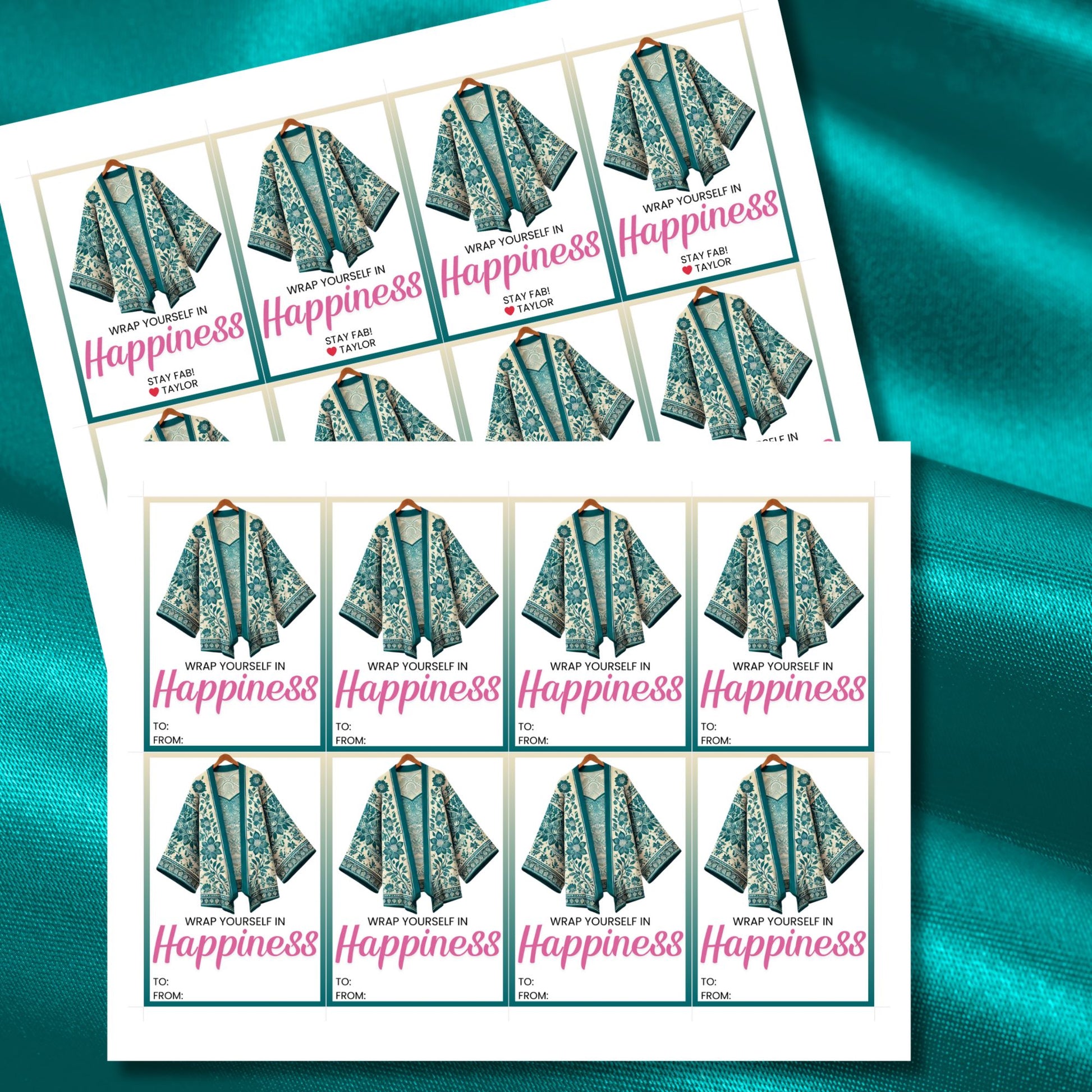 Printable kimono gift tags featuring a colorful kimono design with the text "Wrap Yourself in Happiness" and customizable space for names, perfect for adding a personal touch to any gift.