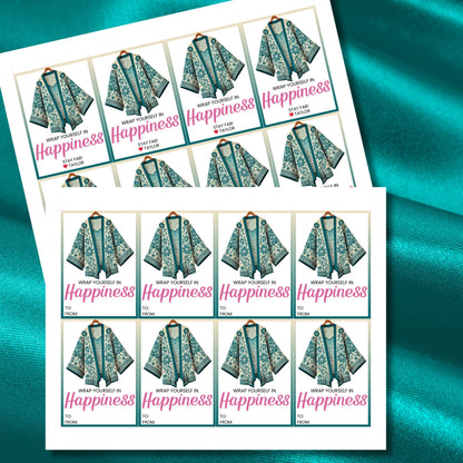 Printable kimono gift tags featuring a colorful kimono design with the text "Wrap Yourself in Happiness" and customizable space for names, perfect for adding a personal touch to any gift.