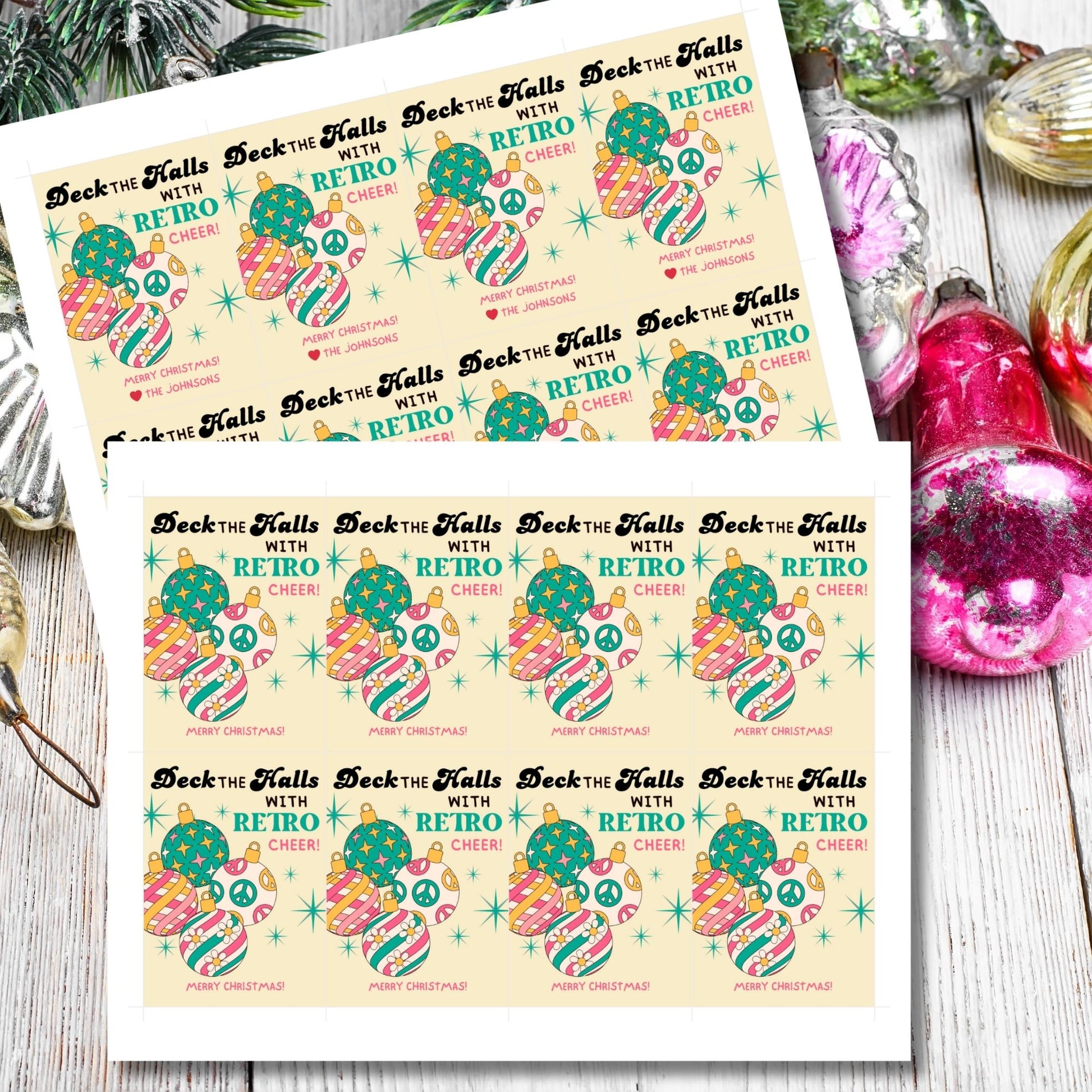 Retro-inspired Christmas gift tags featuring colorful ornaments with peace signs and stripes, paired with the message "Deck the Halls with Retro Cheer!" These printable and editable tags add a cheerful, nostalgic touch to holiday gifts.