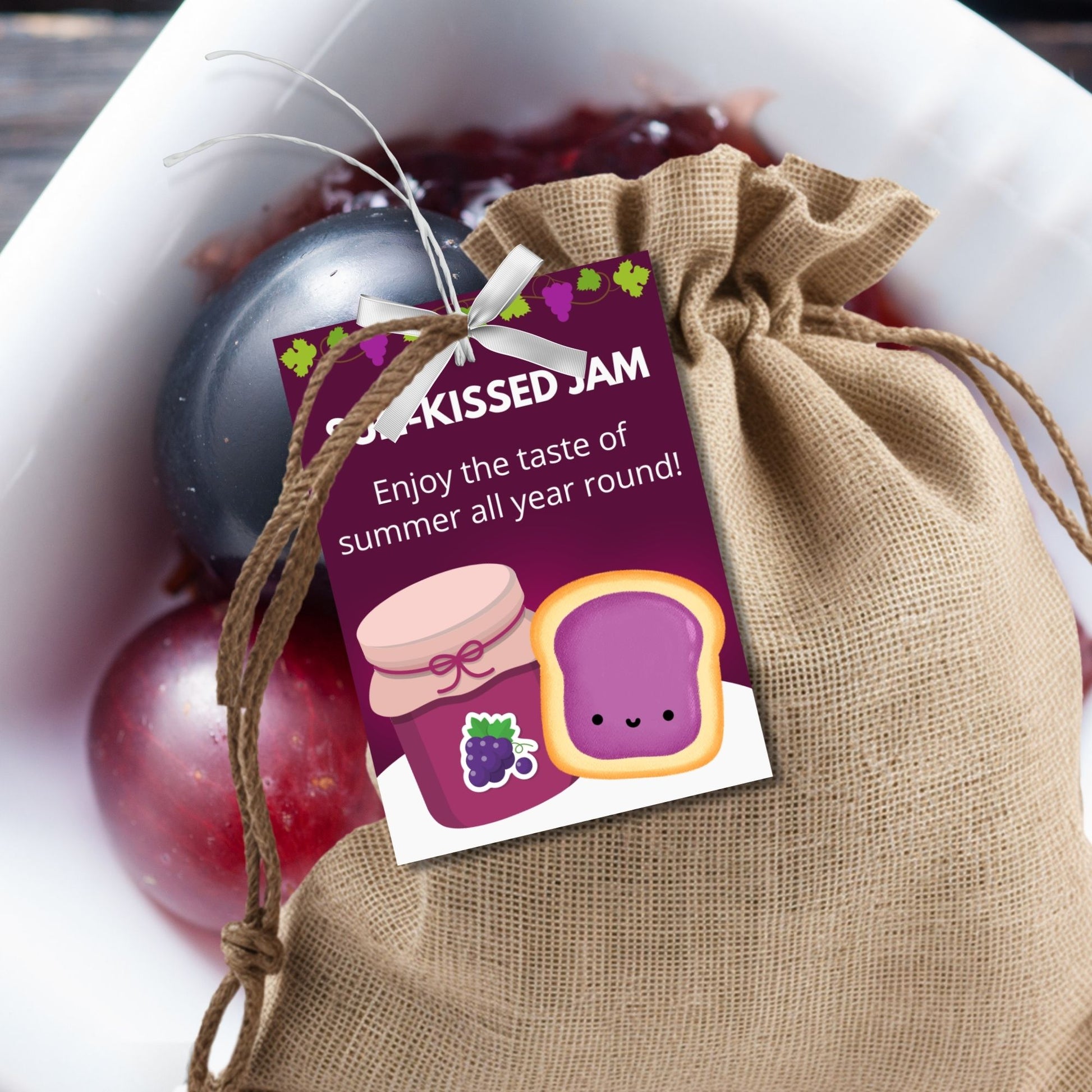 Charming gift tags featuring a colorful jam and toast design with the text "Sun-Kissed Jam. Enjoy the taste of summer all year round!" Personalize with names and messages.