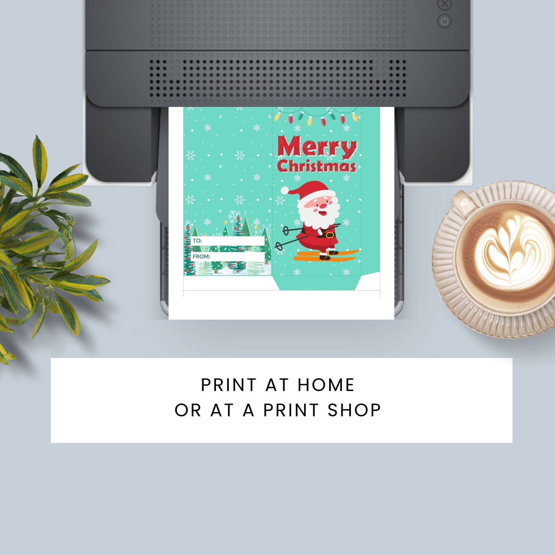 Christmas card with Santa Claus on a printer, next to a plant and coffee cup.