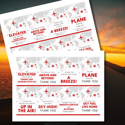 Printable aviation thank you gift tags in red and white minimalist design with airplane illustration, ideal for flight crew appreciation gifts.