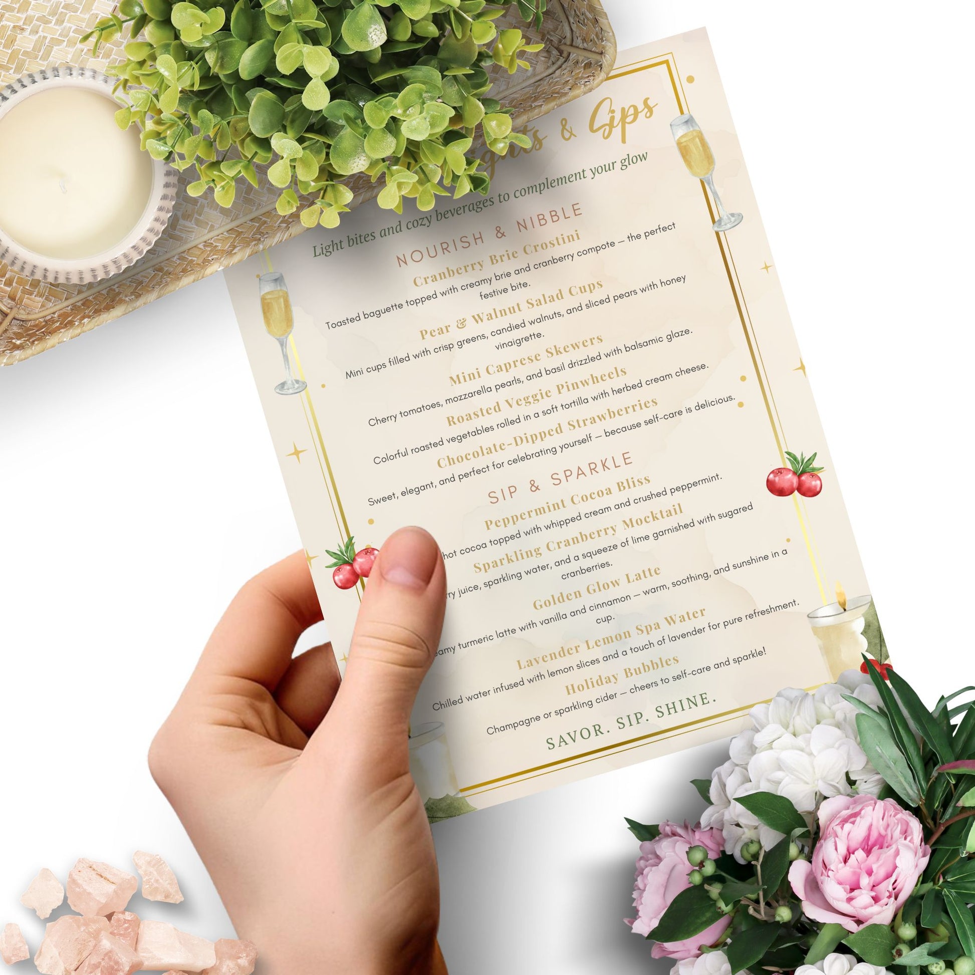 Elegant editable spa food and drink menu template – “Seasonal Delights & Sips” featuring holiday-inspired refreshments and cozy spa treats, designed to match the Glow into the Holidays collection by Given Crafted Wonders.