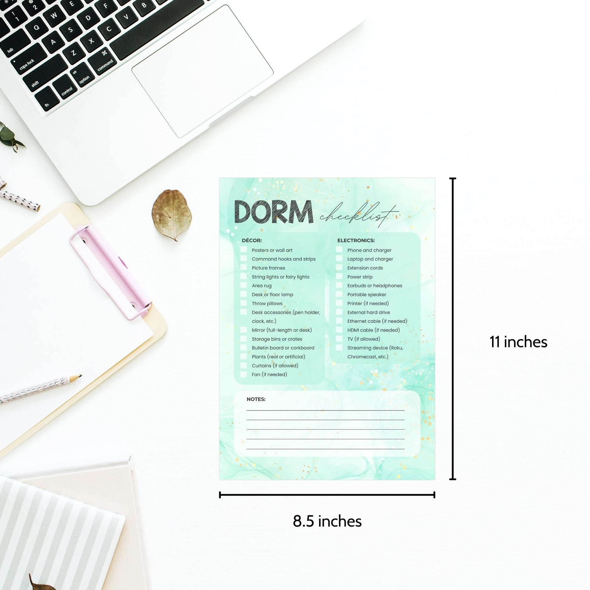 Printable Dorm Checklist with a stylish green marble design, listing all essential items for college students.