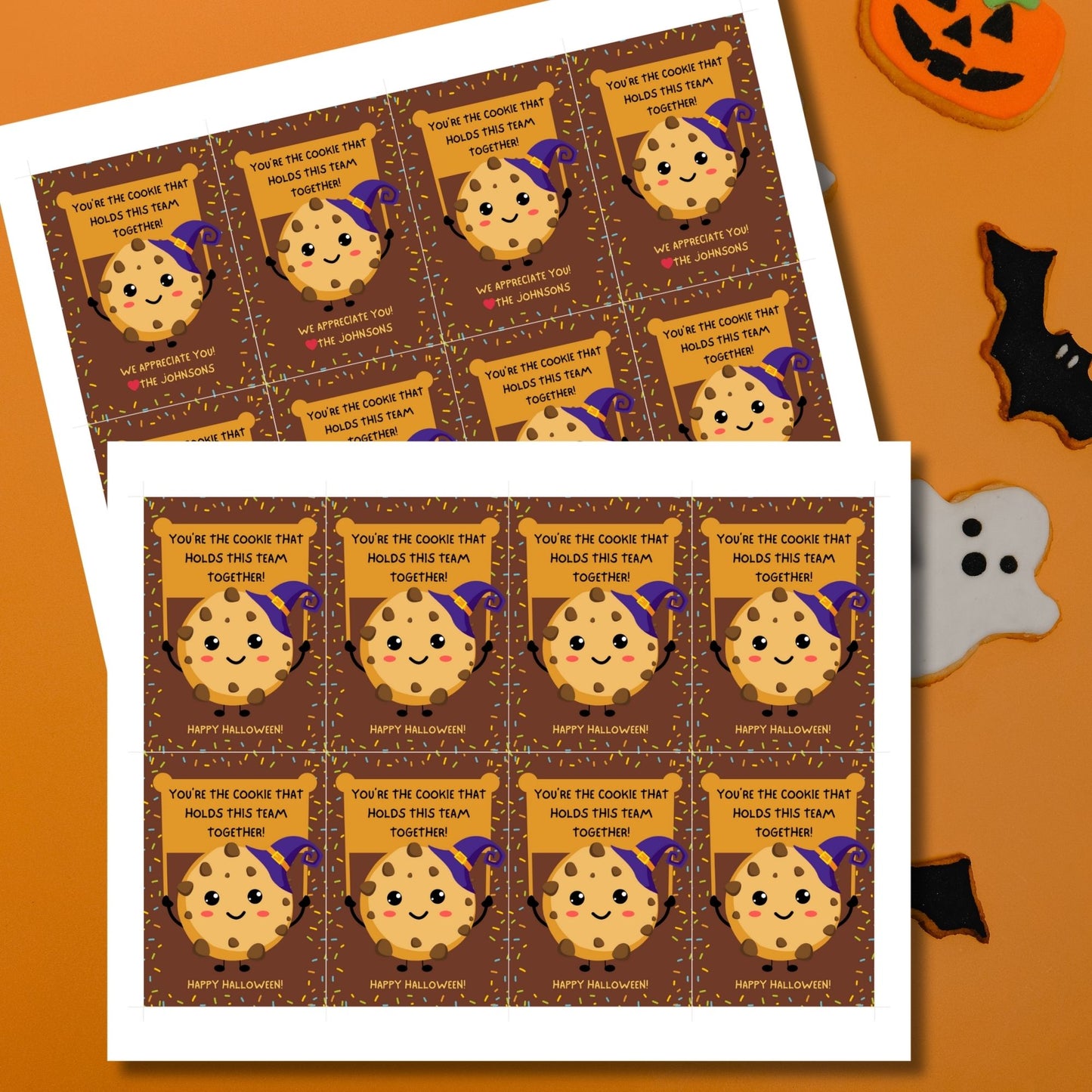 Halloween-themed printable gift tags featuring a cute cookie character in a witch's hat with a sign reading, "You're the cookie that holds this team together!" Tags are 2.5 x 3.5 inches, laid out 8 per sheet on a standard 8.5 x 11-inch page. Includes a printable PDF and a PDF with a link to an editable Canva template.