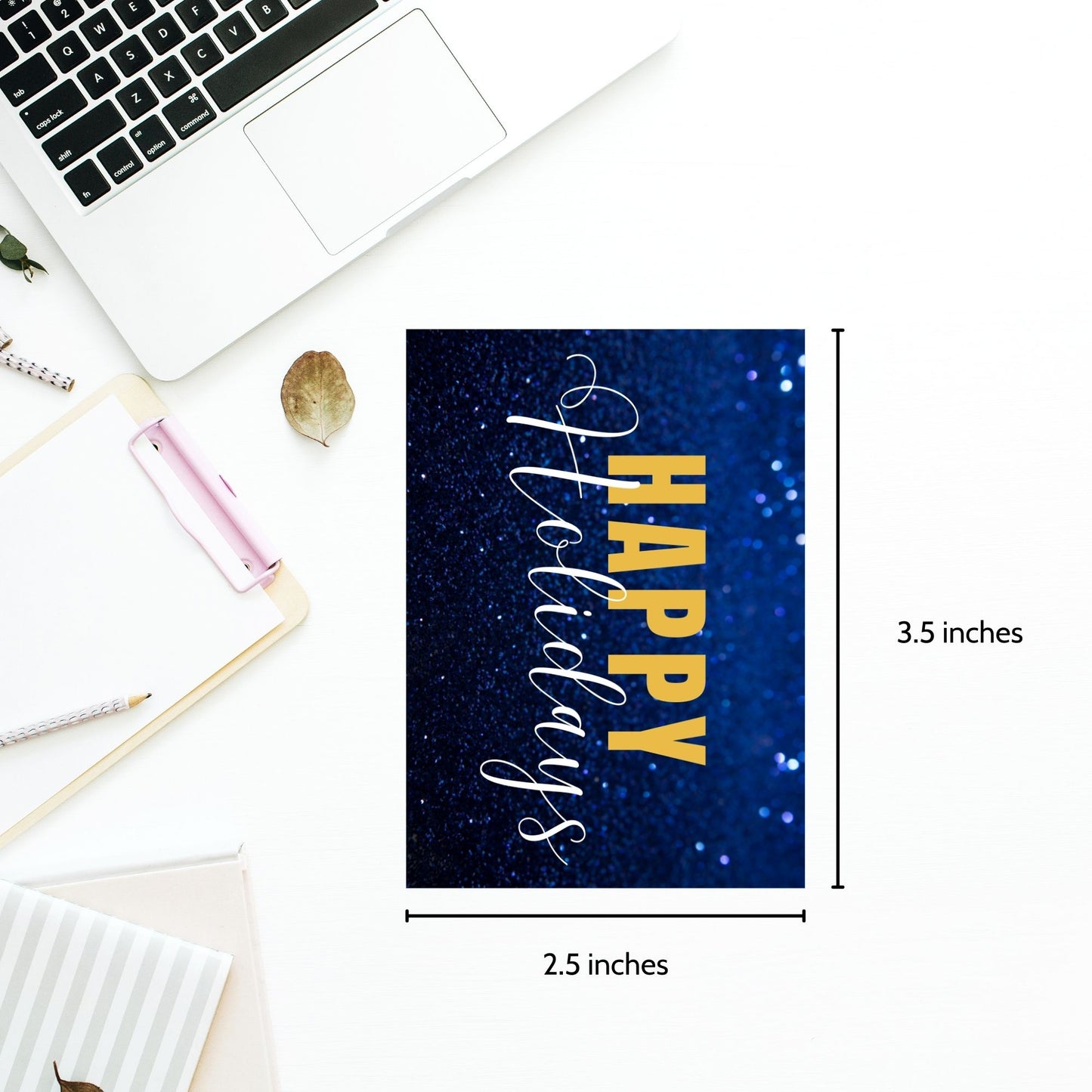 Printable blue and gold Holiday gift tags featuring a sparkling blue glitter background and bold gold "Happy Holidays" text, sized 2.5 x 3.5 inches, 8 per sheet.