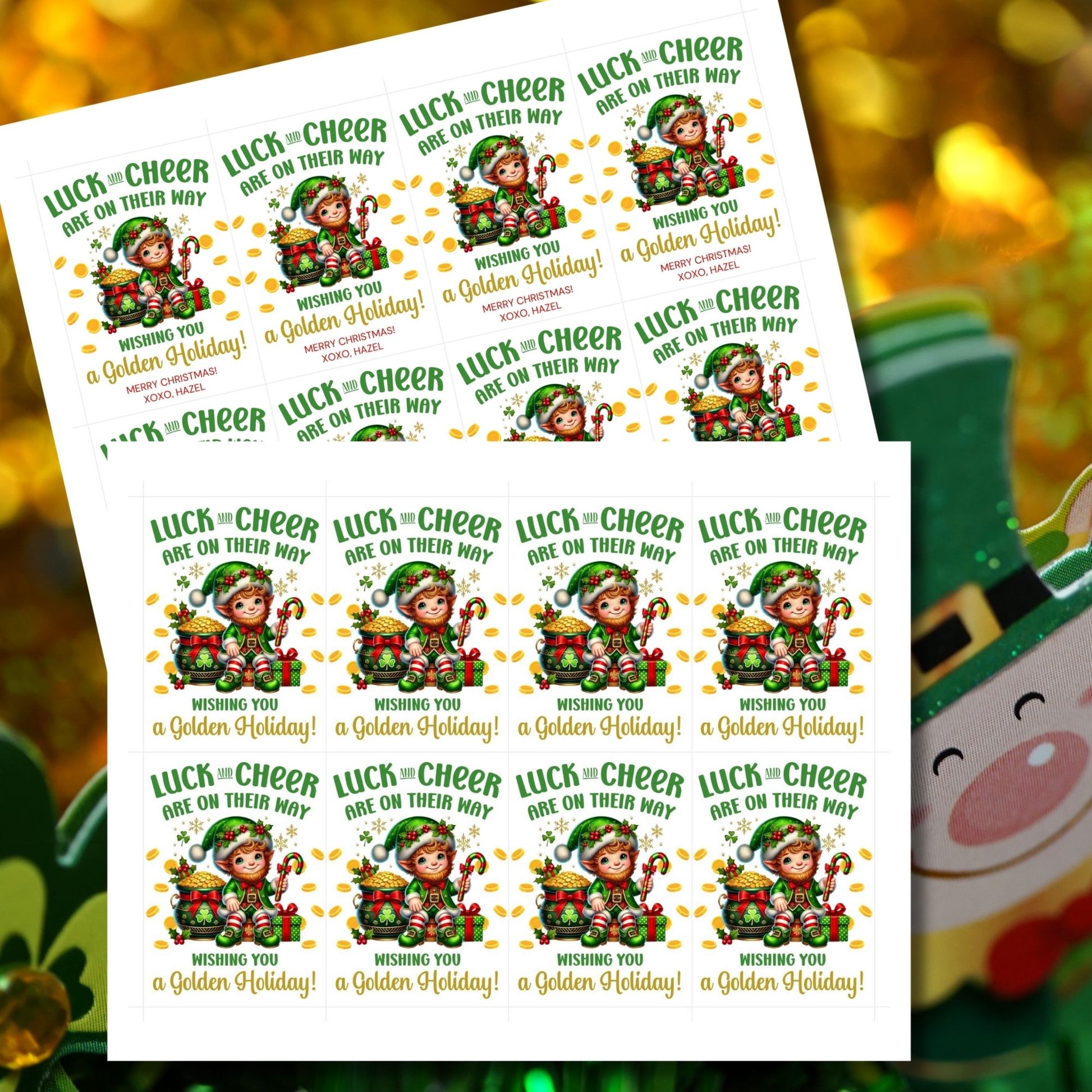 Festive leprechaun-themed holiday gift tags featuring a cheerful elf in a green outfit, surrounded by golden coins, presents, and candy canes. The tag reads 'Luck and Cheer are on Their Way - Wishing You a Golden Holiday!'