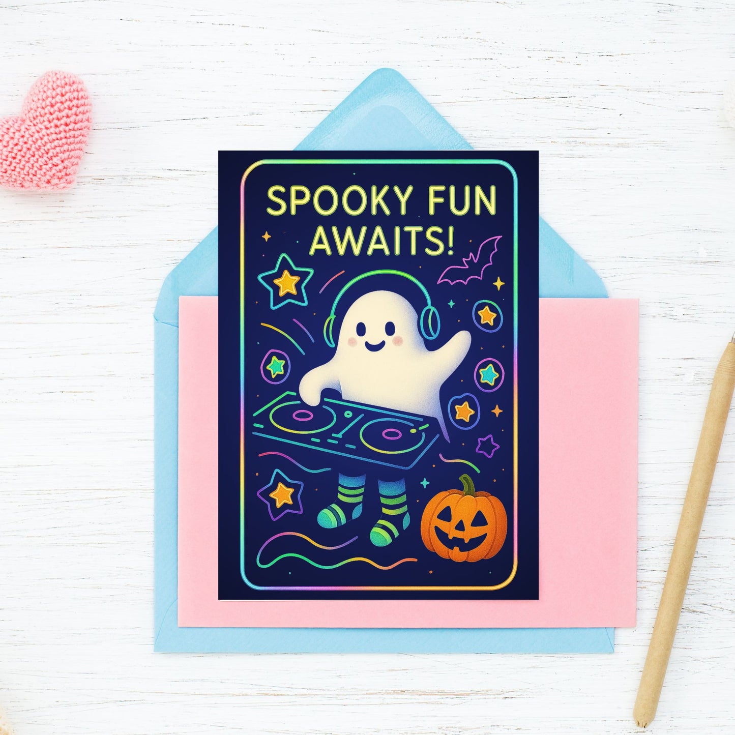 Halloween-themed card with a ghost DJ and 'Spooky Fun Awaits!' text on a white background.