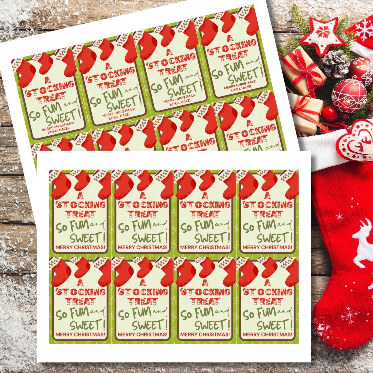 Printable and editable Christmas gift tags for stocking stuffers, featuring a "Stocking Treat" design perfect for fun holiday gifts like Peeps marshmallow treats, customizable on Canva, 8 tags per 8.5 x 11 sheet.