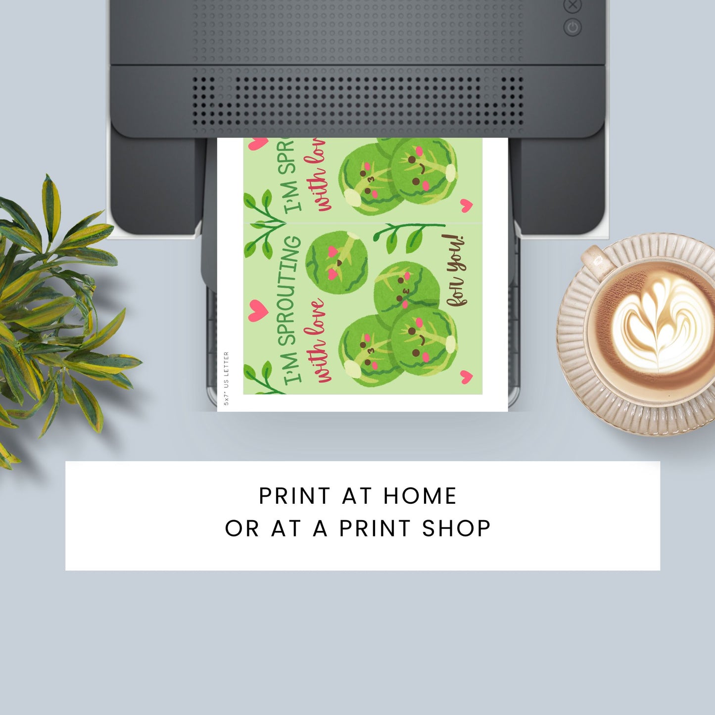 Printable Valentine’s Day Greeting Card featuring the phrase “I’m Sprouting with Love for You” with a cute brussels sprouts illustration. Designed as a 5x7 PDF on an 8.5 x 11 sheet with two cards per page. A fun and punny Valentine’s card for veggie lovers.