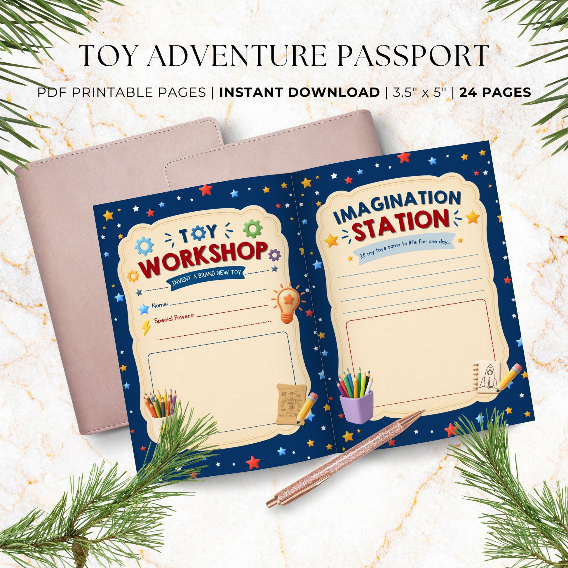 Kids imagination activity book featuring Toy Workshop invention page and Imagination Station creative writing and drawing prompts in a printable passport.